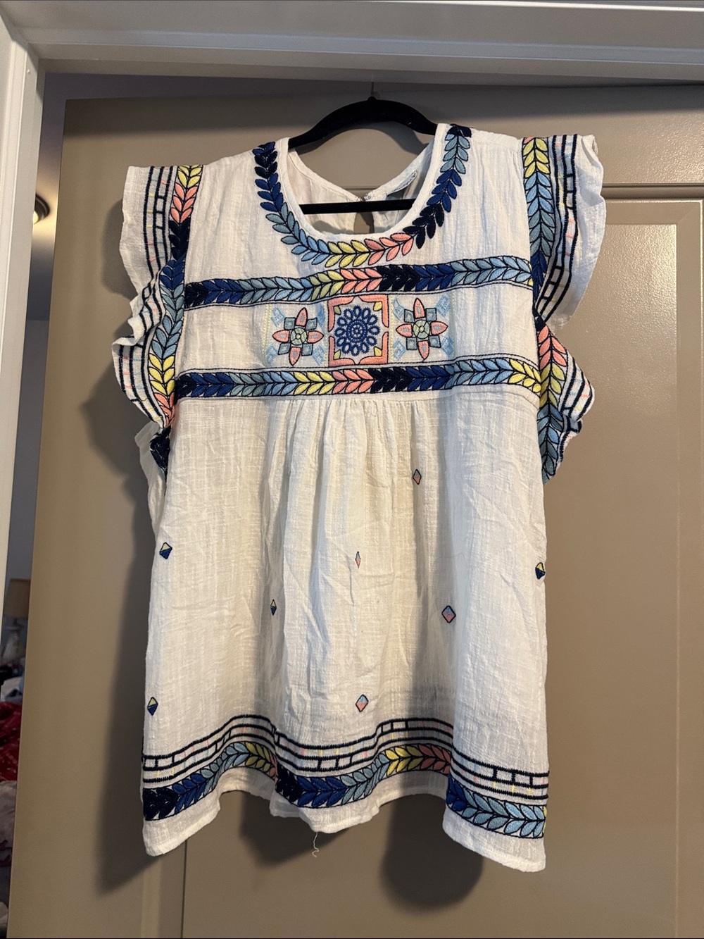 ARULA White Embroidered Flutter Sleeve Top with Blue, Pink & Yellow Accents